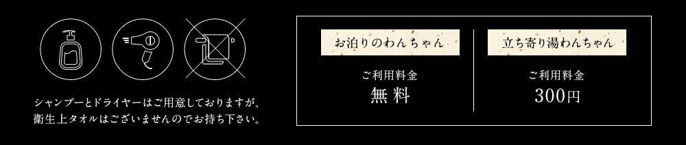 シャンプーとドライヤーはご用意しておりますが、 衛生上タオルはございませんのでお持ち下さい。